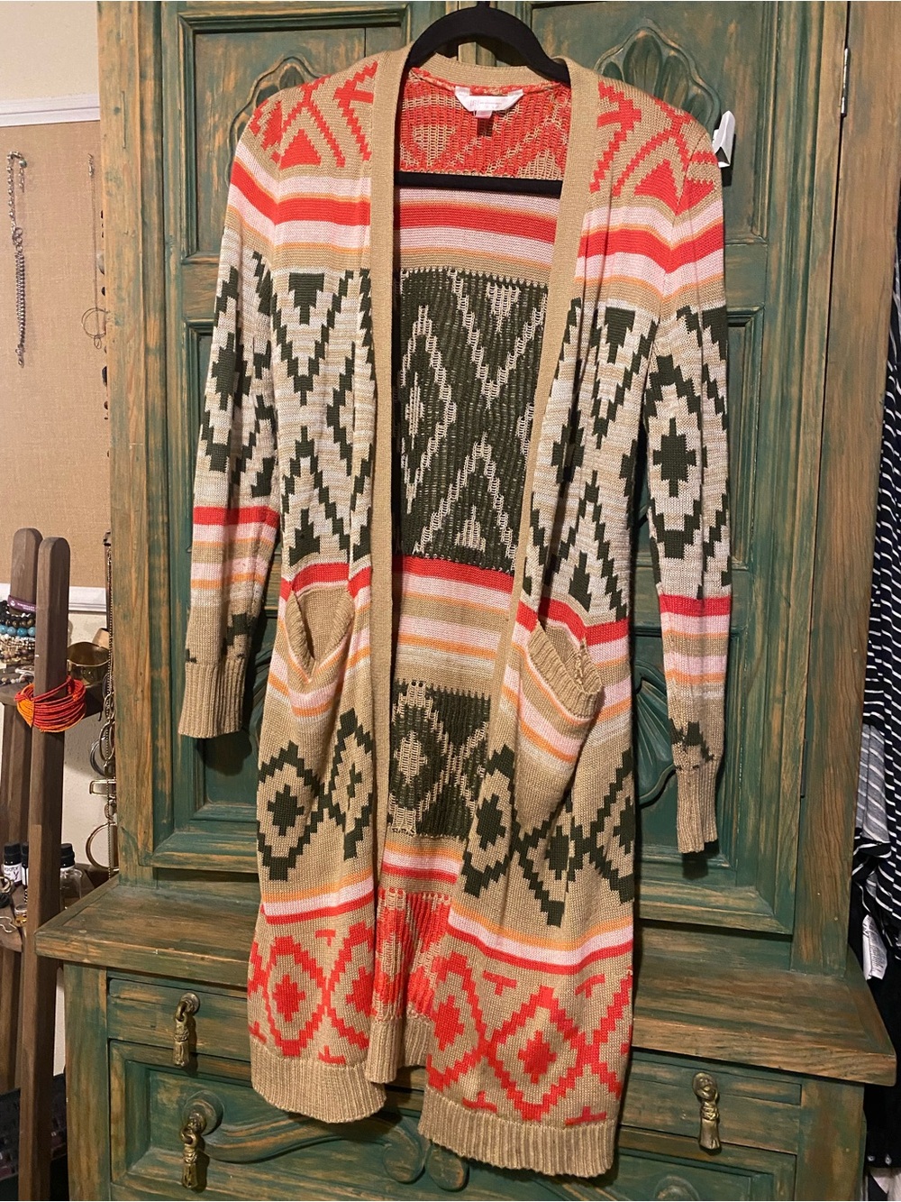 Boho Open-Front Cardigan Sweater in Beige and Olive